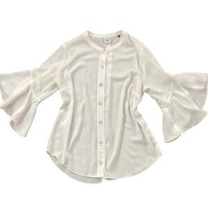CAbi Sz M White Float Blouse Style 5521 Button Up Bell Sleeve Crew Neck 184A